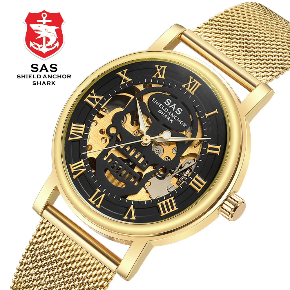 

Men's Luxury Gold Wrist Watch Skeleton Mechanical Watch Men Watch Luminous Waterproof Skull Watches Stainless Steel Clock