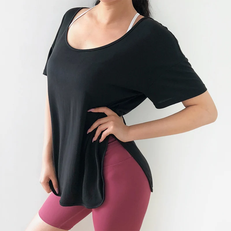Mermaid Curve Breathable Quick-Dry Short Sleeved O-Neck Running T-shirt Yoga Exercise T-shirt Loose Fitness Sport Tees Top