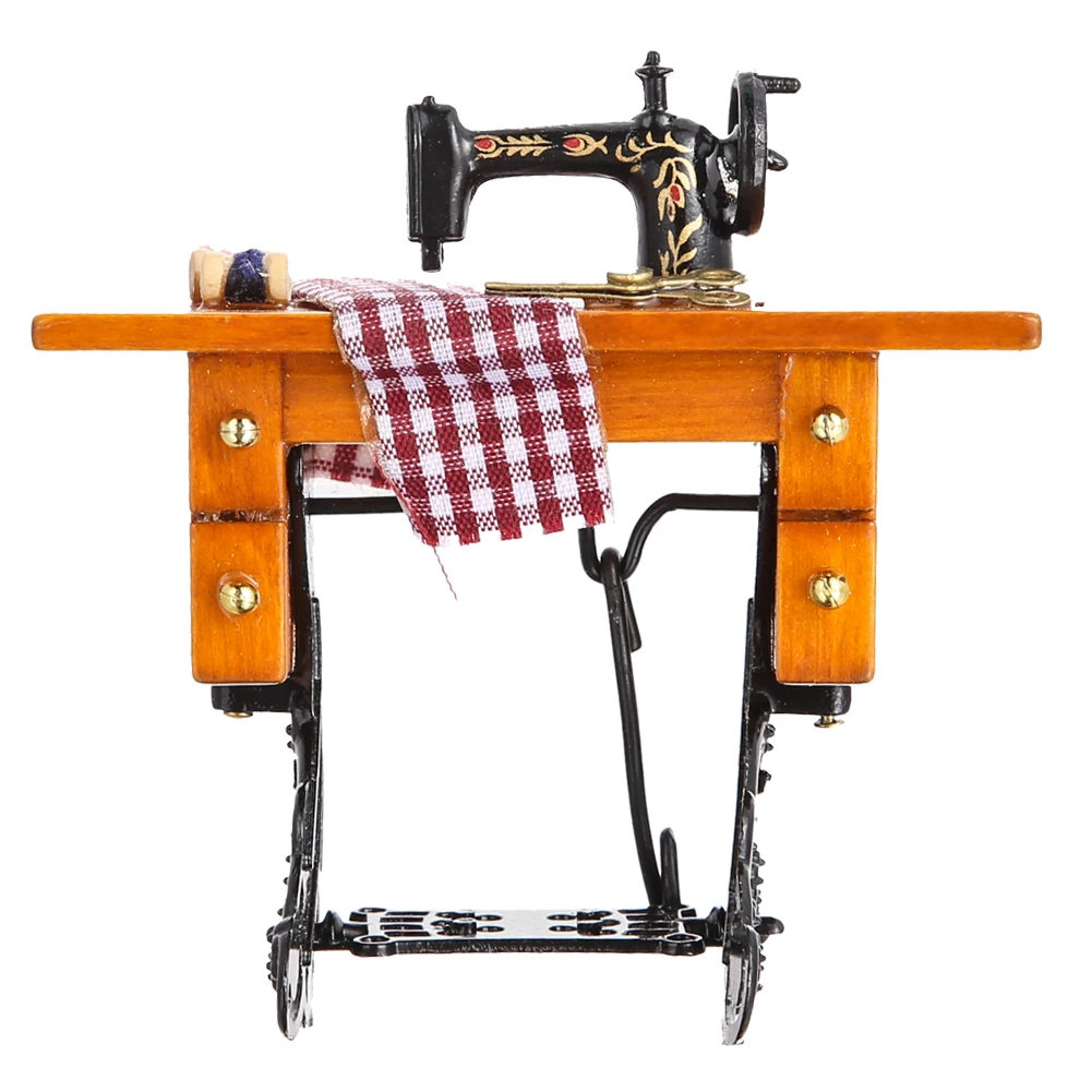 1 12 Pretent Play Dollhouse Sewing Machine Toy With Thread Scissors Material Wood Metal Cloth Pretend