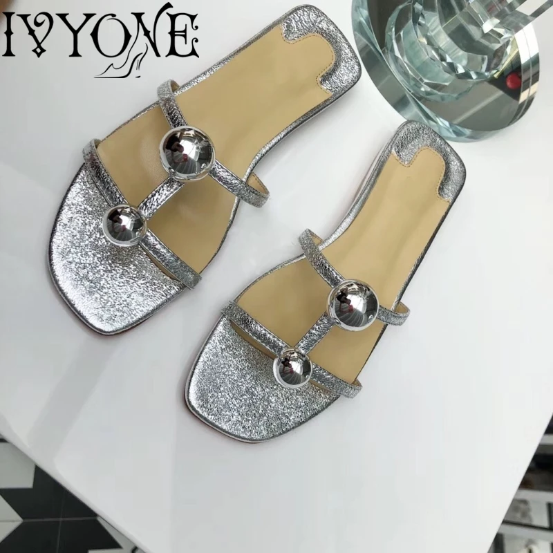 

Fashion Straps Flat Slippers Women Summer Beach Slippers Sheepskin Slip o Slides Female Slippers Shoes Silver Gold T straps Shoe