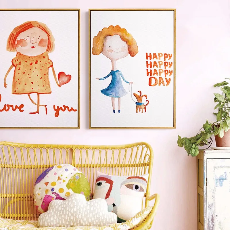 NEW kawaii Cute Girl Wall Art Canvas Print, Cartoon watercolor Wall