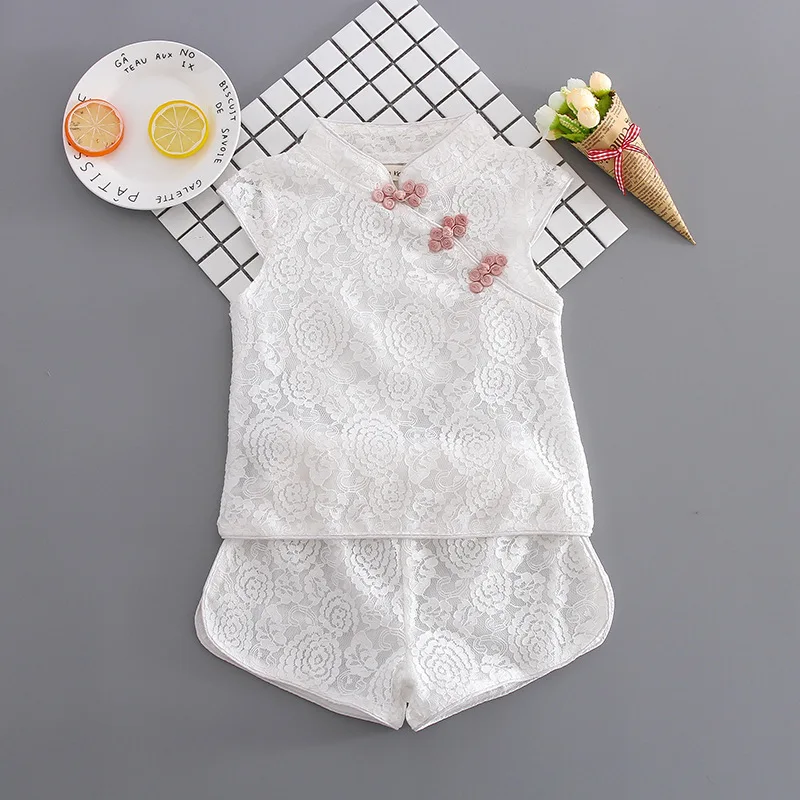 Chinese New Year Style 2022 Summer Baby Girls Short Sleeve Soild Lace Top+Shorts 2pcs Cheongsam Suit Children Princess Outfits clothing kid suit