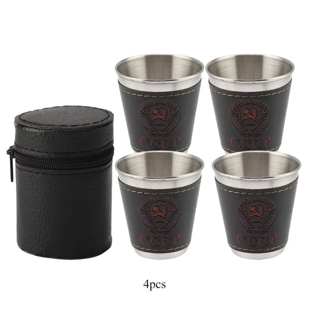 4 Pcs Tazza di Tè Set di Alta Qualità In Acciaio Inox Tazza di Caffè Portatile di Vino Tazza di Tè con la Copertura di Cuoio per i Viaggi picnic