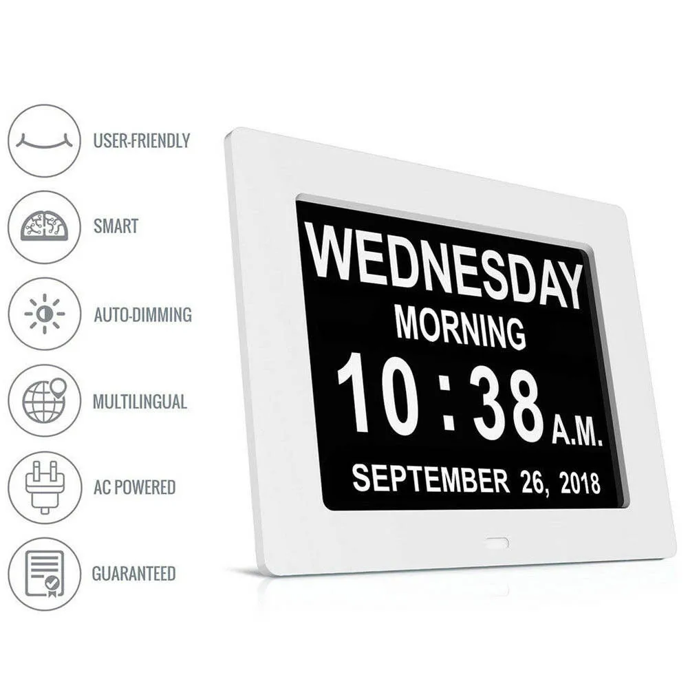 

8" LED Digital Calendar Alarm Clock with Large Letter Week/Month/Year New