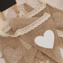 На заказ 12 флагов джутовая ткань баннеры белое сердце кружева Винтаж Свадебная вечеринка мешковины баннеры деревенские Свадебные центральные DIY