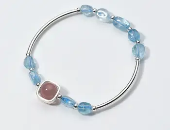 

SMALL 6MM Authentic Real. 925 Sterling Silver Fine Jewelry Natural Rose Strawberry Quartz &Blue Aquamarine Bracelet GTLS683