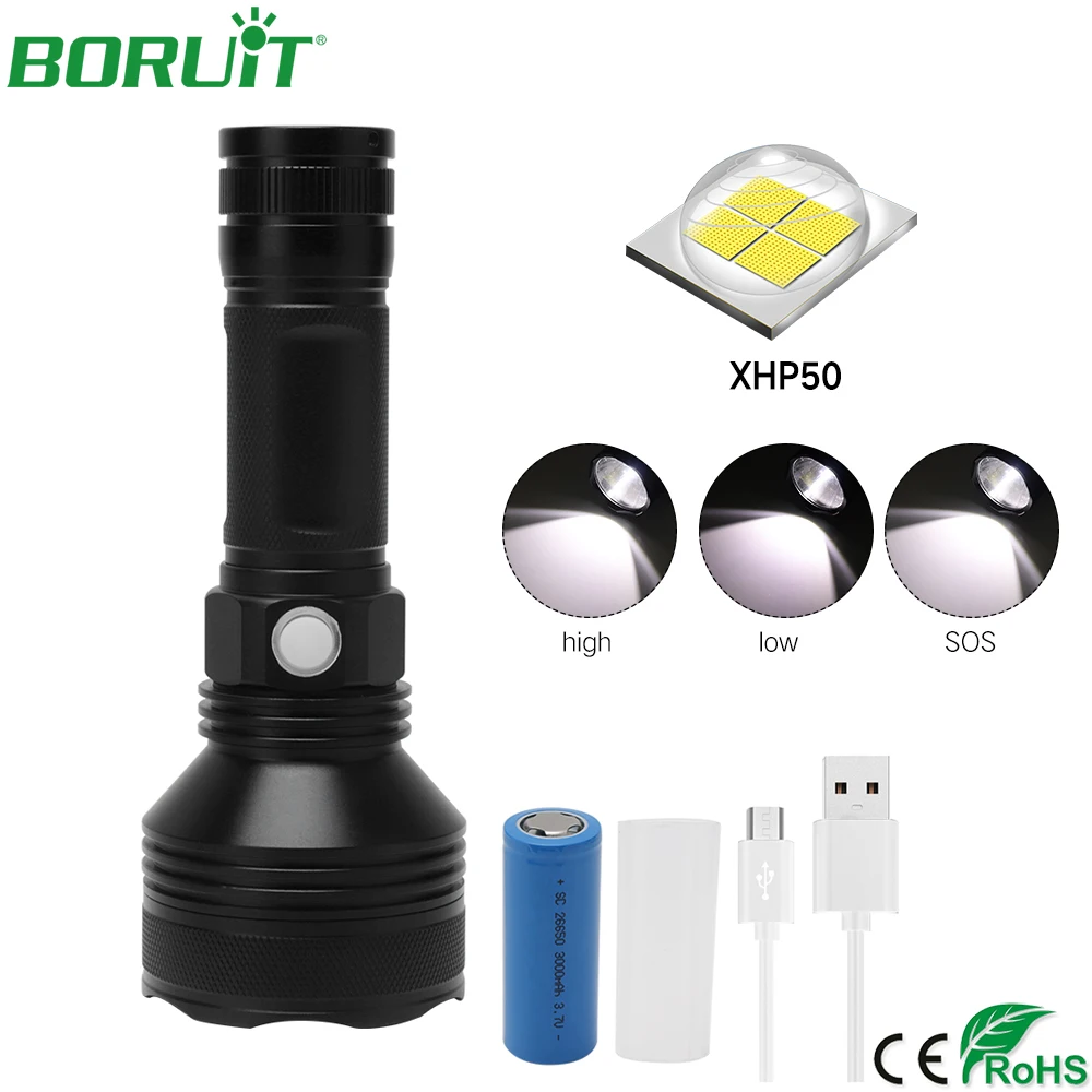 

BORUiT 2000LM XHP50 LED Flashlight USB Rechargeable Portable Tactical Camping Torch Light Waterproof Hunting Fishing Lantern