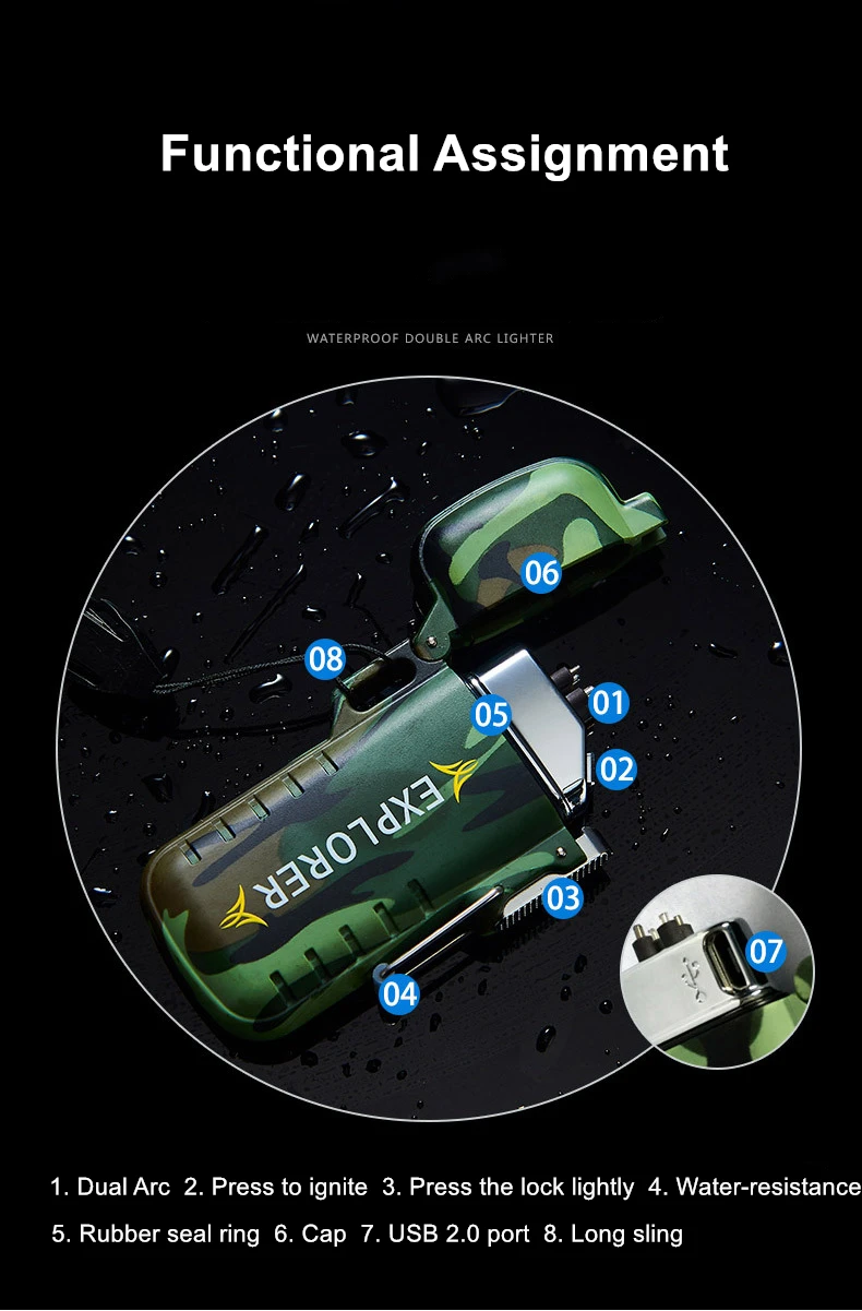 Наружная Водонепроницаемая зажигалка с длинным стропом, двойная дуга, USB электронные зажигалки, резиновое уплотнительное кольцо, перезаряжаемая дуговая Зажигалка для прикуривателя