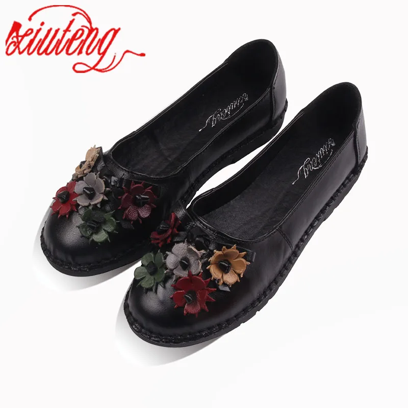 

2018 Retro Shoes For Woman Handmade Shoes Genuine Leather flats with Butterfly-knot Spring Lady Sandals Flowers Mother Shoes