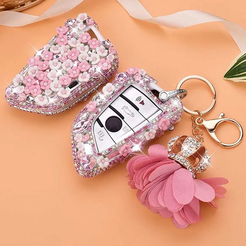 

Handmade 3 or 4 Buttons Ceramic Flower Diamond Car Key Case Cover For Bmw X3 X5 E53 E83 G30 E90 E39 E46 F30 F10 F20 E34 E38 Z3