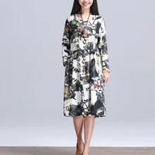 Новый 2017 Мода Национальный Стиль Vintage Печати Хлопок Белье Dress Длинным Рукавом Свободные Повседневные Платья Женщины Плюс Размер Одежды H285