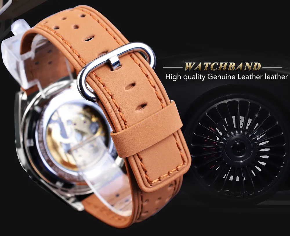 Forsining Creative Mechanical Sport Watches Men's Automatic Half Color Dial Brown Leather Band Racing Outdoor Watch Reloj Hombre_voghion.com