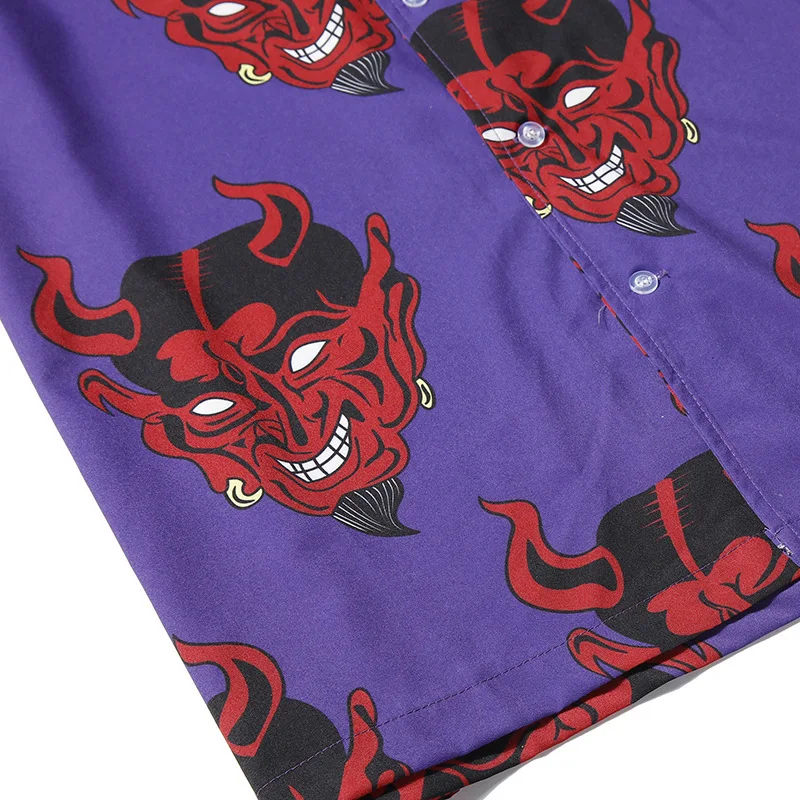 0209 хип-хоп рубашка мужская короткий рукав с принтом дьявола летняя Harajuku свободная Гавайская пляжная Корейская фиолетовая розовая 4XL