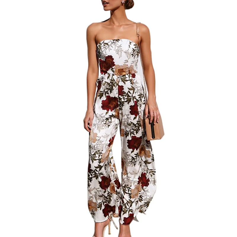 yashangyi Sexy Strapless Jumpsuit For Women Vintage Floral Print Rompers Wide Leg Pants Bohemian Beach Overalls Jumpsuit Femme