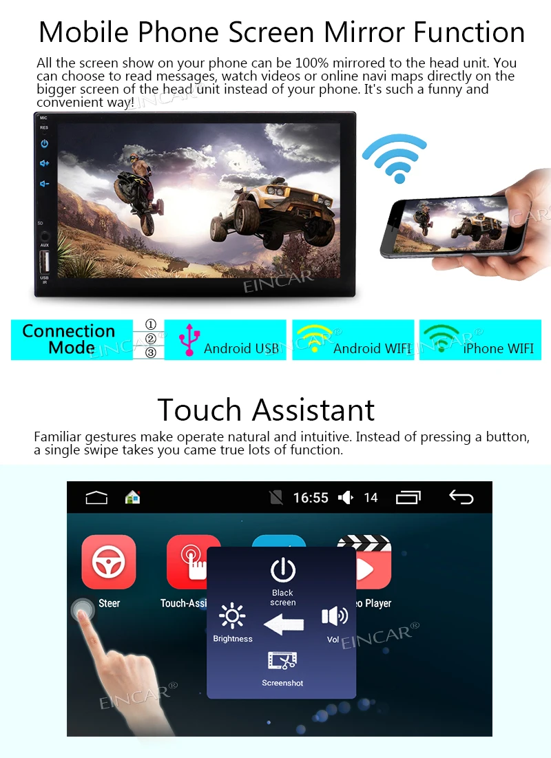 Perfect Android Autoradio Stereo with 7 Inch Capacitive Touch Screen Bluetooth 4.0 1080P HD Video Phone Mirror OBD2 WiFi GPS Colorful 5