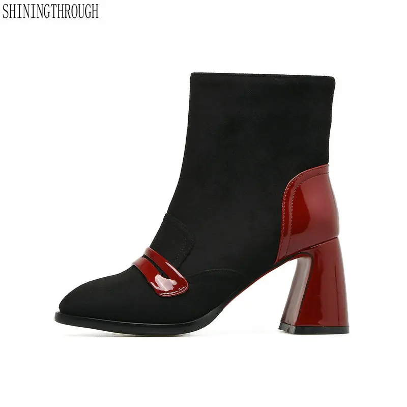 

New thick high heels women ankle boots patchwork leather ladies dress shoes woman red green boots woman size 41
