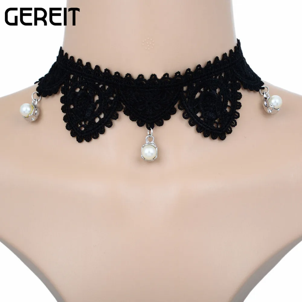 

Hollow Tattoo Chokers Statement Necklaces Women Gothic Jewelry Black Lace Simulated Pearl Pendant Short Necklace Collier Femme