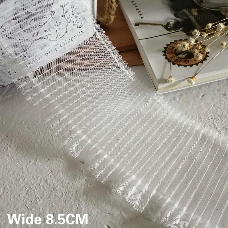

8.5CM Wide Tulle White Pleated Lace Accessories Cotton Embroidery Collar Cuffs Edge Trim Ribbon Folded Sewing DIY Applique Decor