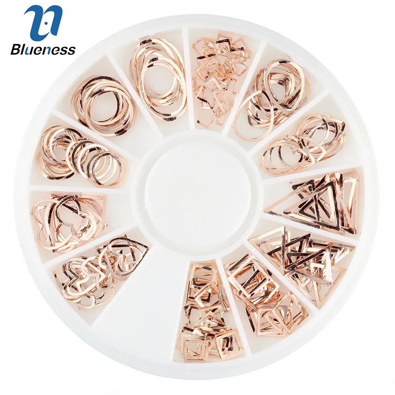 

Blueness Rose Gold Hollow Nail Metal Copper Heart Round Design 3D Rhinestones Nails Art Decorations Studs Manicure Wheel Tips