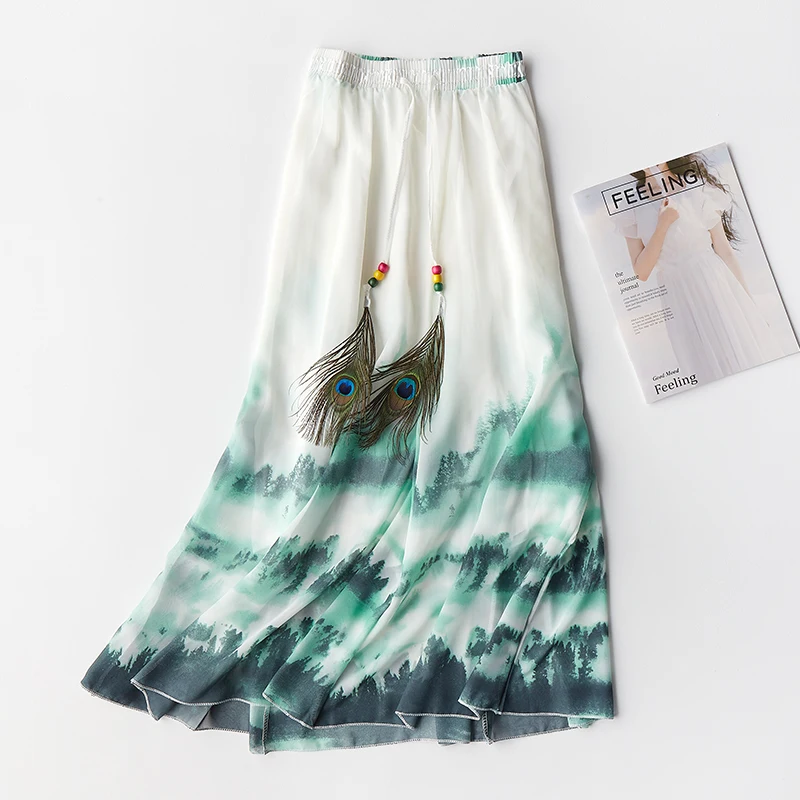 

2019 Spring Summer New Chinese National Style Print Women's Skirt Fashion Lace-up A-line Skirts Womens Long Skirt Faldas Mujer