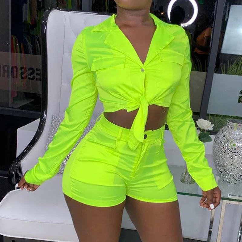 

Solid Neon Green Shorts Two Piece Sets Front Button Full Sleeve Bandage Crop Top Shorts Tracksuit Sexy Women Club Outfits Romper