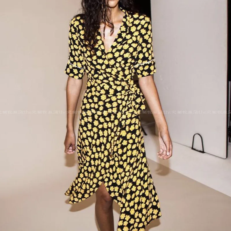

Women Dress 2019 Summer Elegant V-neck Yellow Printed Wrap-length Dress