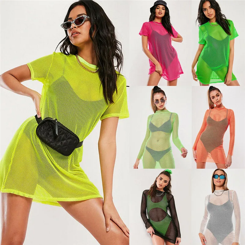 

2019 New Women Ladies Bikini Cover Up Fishnet Dress Bathing Suit Sexy Mesh Crochet Swimwear Beach Mini Dress