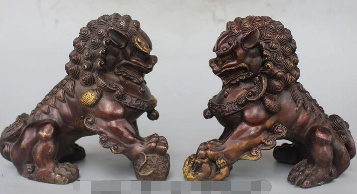 

003739 7" Chinese Feng Shui Bronze Gilt Foo Fu Dog Guardion Lion Ball Son Statue Pair