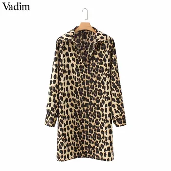 Vadim women Leopard V neck dress animal skin pattern chic long sleeve retro vintage casual straight dresses vestidos QA599