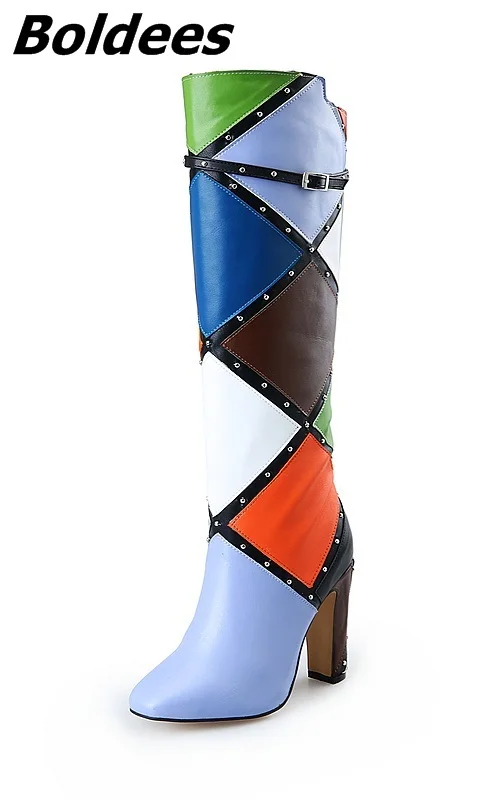 Bloque Hebilla Talón Rodilla Decoración Color Mujeres Chunky Diseñador Moda De Remaches Emparejado Tacones Botas Motocicleta wIfFTaqBx