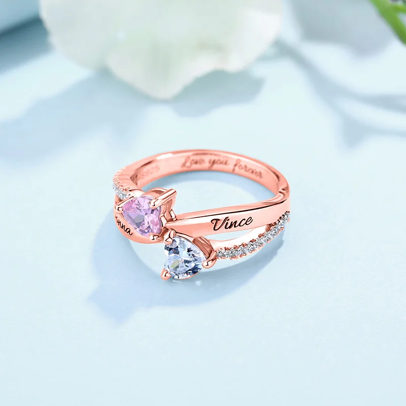 StrollGirl гравировкой двойное кольцо с сердечками, камень-талисман в форме сердца кольцо персонализированные 925 пробы Серебряные кольца пользовательские уникальные кольца для возлюбленной, лидер продаж - Цвет основного камня: rose gold color