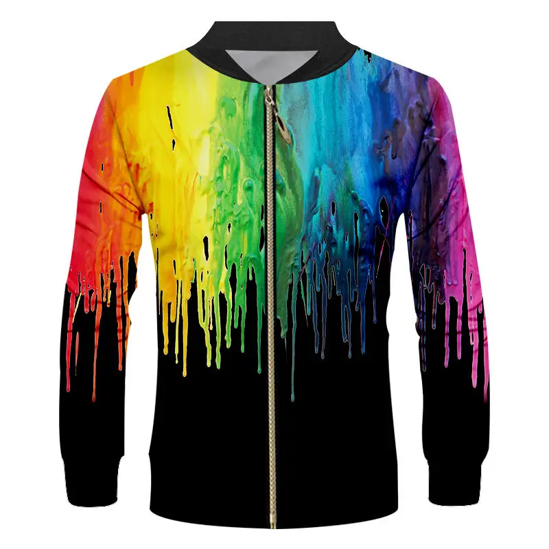 

Novelty Black College Baseball Jackets Coats Unisex 3d Rainbow paint Print Varsity Sports Team Uniform Outwear Custom S-6XL
