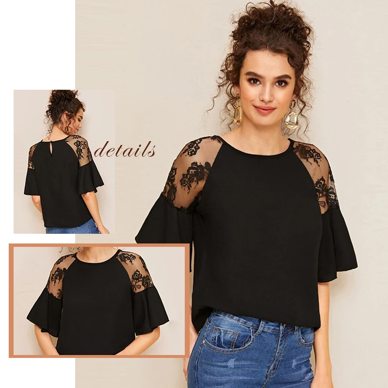 Sheinside Black Contrast Lace Trim Patchwork Blouse Women Summer Flounce Sleeve Blouses Ladies Solid Half Sleeve Top