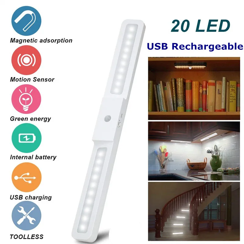 USB قابلة للشحن 20 LED مجلس الوزراء تحت ضوء اللاسلكية الحركة الاستشعار ضوء خزانة خزانة الدرج المطبخ استشعار ليلة ضوء مصباح