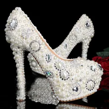 Exquisite Princess Wedding Shoes Pearls Beaded Lady High Heel Beauty Party Dresses Bride Stilettos Almond with Rhinestones