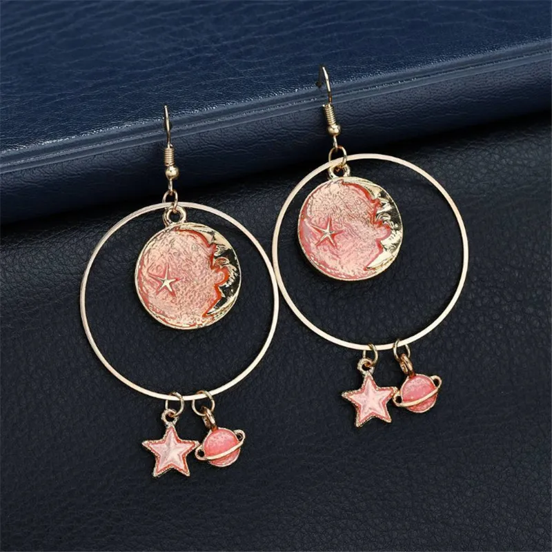 2018 Newest Creative Universe Asymmetric Enamel Earrings For Girl Ear Accessories Cute Moon Star Drop Pendientes Tassel Brincos - Image 3
