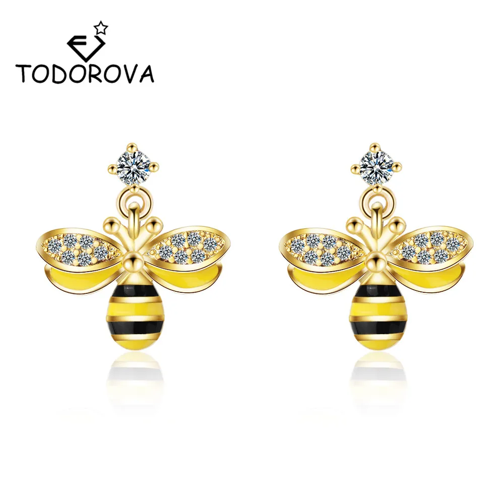 

Todorova High Quality 925 Sterling Silver Earrings Lovely Bee Clear CZ Exquisite Stud Earrings for Women Crystal Insect Earrings