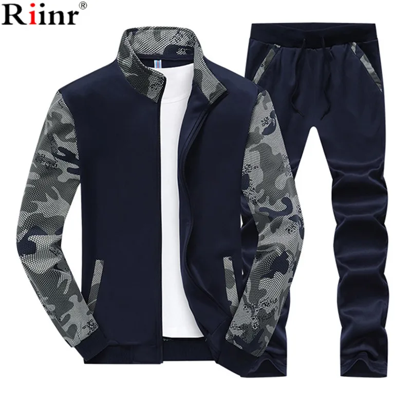 Riinr Мода 2018 г. новое поступление для мужчин спортивные костюм весна и осень бренд повседневное толстовки комплекты из двух предметов