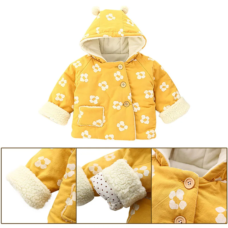 Для маленьких девочек модный цветочный принт; хлопковая куртка с капюшоном Розовая/желтая одежда для осень-зима со шляпой j2