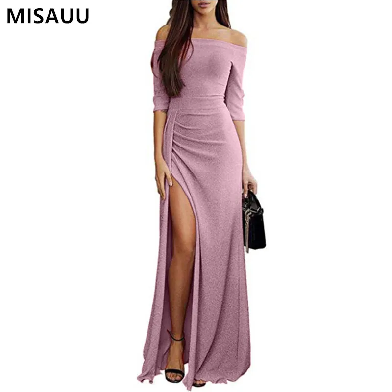 

Women Off Shoulder Party Dress 2019 High Slit Long Maxi Peplum Dresses Spring Summer Elegant Women's Bodycon Dress Vestidos