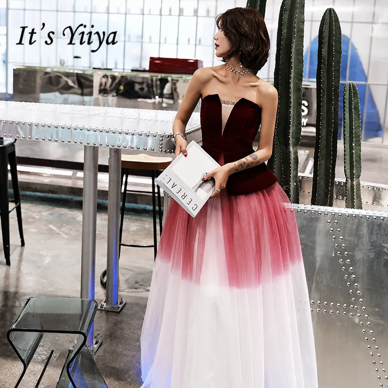 

It's YiiYa Strapless Evening Dress Gradient Color Wine Red Prom dresses Spaghetti Strap Lace Up Long Sleeveless Party Gown E128