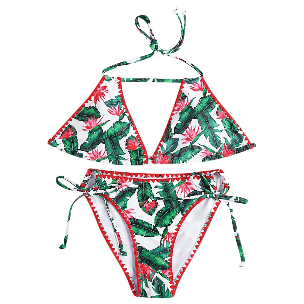 

Sexy Women Swimwear Halter Neck Backless Padded Bikini Set Bathing Suits Leaf Print Low Waist Tied Strap Swimsuit Beach Suits