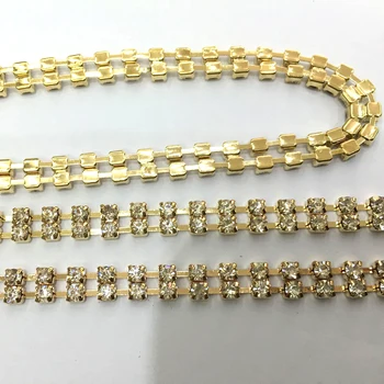 

SS6,12 10m All Size Crystal 101 crystals double cupchain strass trim golden setting base shiny dense rhinestone