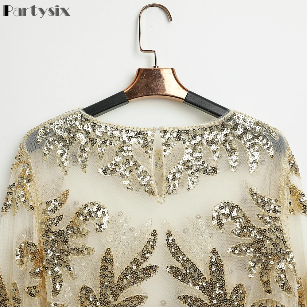 Partsix Sexy Sequined embroidery Gold Flower Shirt