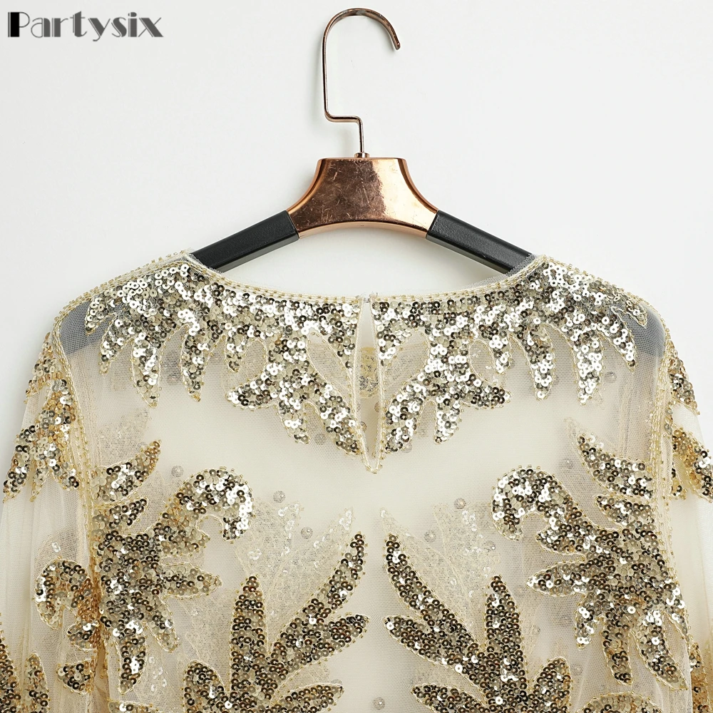  Partsix Sexy Sequined embroidery Gold Flower Shirt shiny Transparent gauze Heavy Beading Blouses