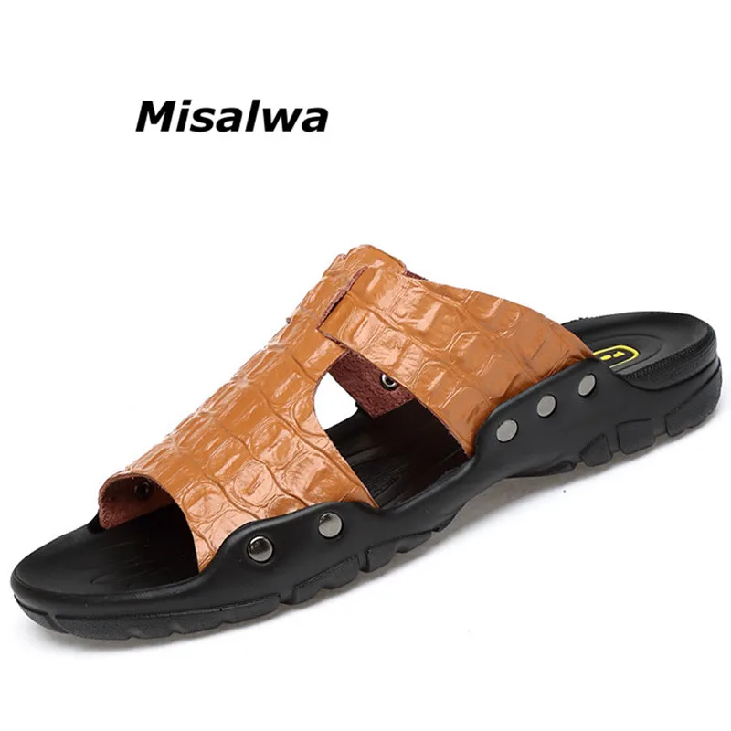 

Misalwa Male British Style Casual Slipper Shoes 2019 New Split Leather Men Summer Bach Sandals Breathable Brand Flip Flops Big