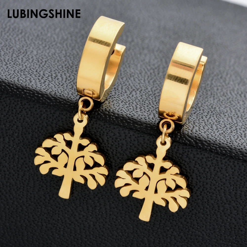 

Punk Style Stainless Steel Mens Women Round Ear Clip Piercing Gold Silver Color Tree of Life Design Hanging Earring Body Jewelry
