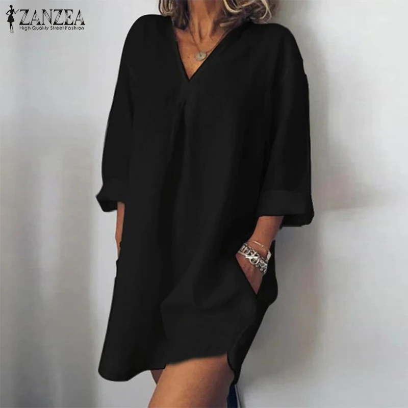 

ZANZEA Plus Size Women Shirts Blouses Cotton Tunic Tops Blusas Sexy V-Neck Mini Vestidos Ladies Casual Pockets Chemiser Mujer