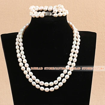 

Gorgeous Double Strand 7-8mm Natural White Rice Shape Pearl Wedding Jewelry Set With 3 Rows Clasp(Necklace & Bracelet)