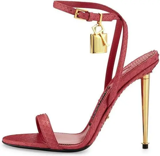 

Moraima Snc Sexy Padlock High Heel Sandal Summer Open Toe Thin Heels Leather Shoes Woman Super High Ankle Strap Gladiator Sandal